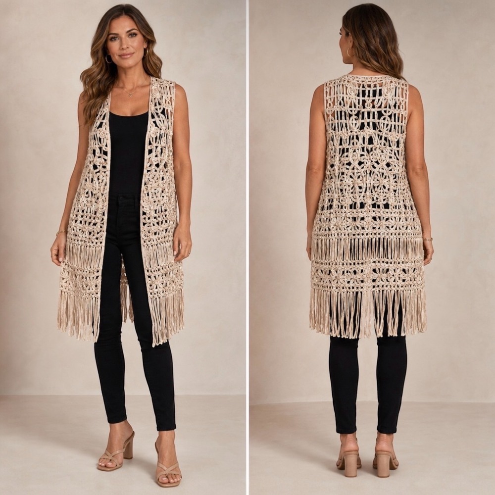 NWT Champagne Crochet Fringe Duster Vest Boho Festival Open Knit Beach Cover L